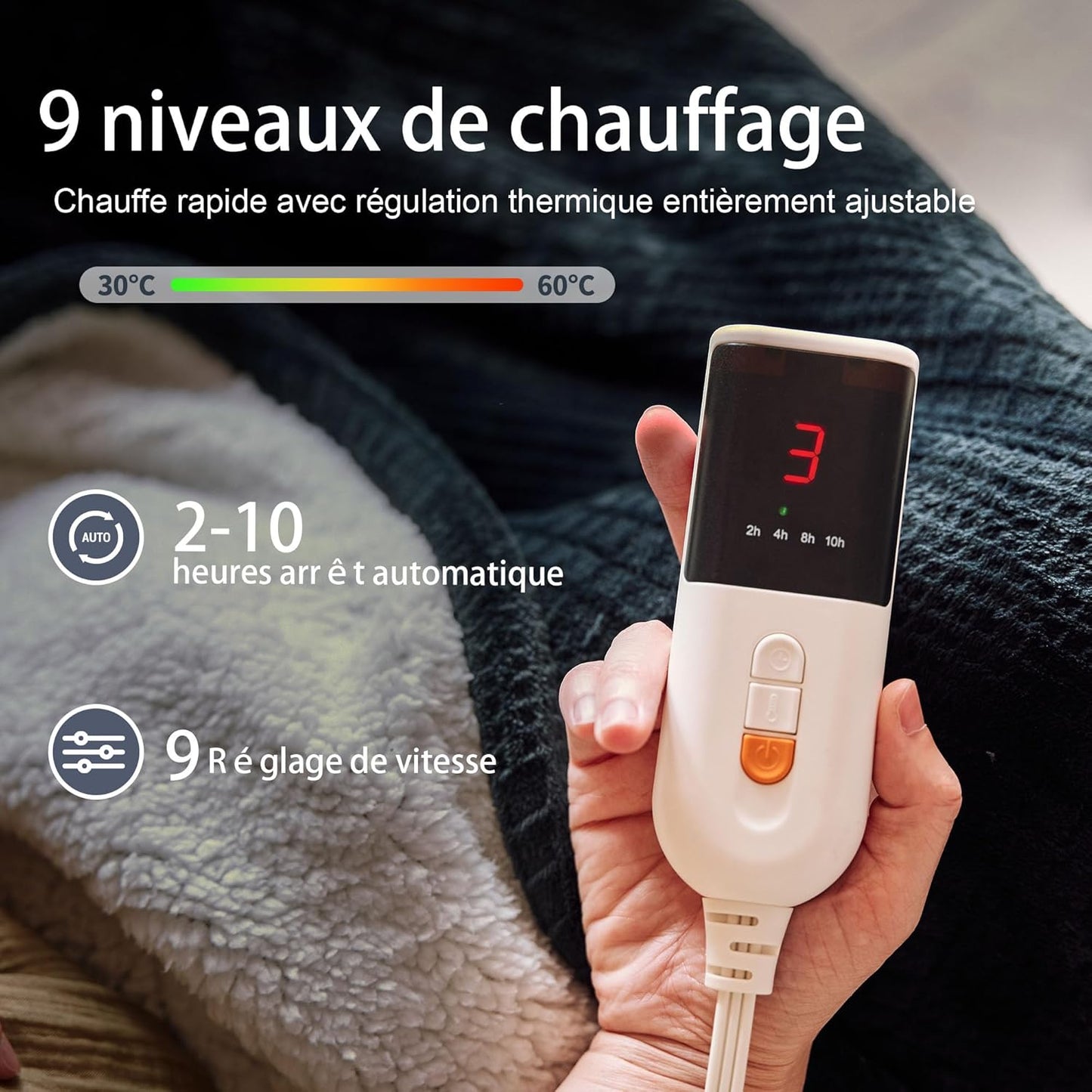 Electric Blanket 130 x 160 cm – Large Electric Blanket 9 Heat Levels – Automatic Shut-off 10h Machine Washable (Black)